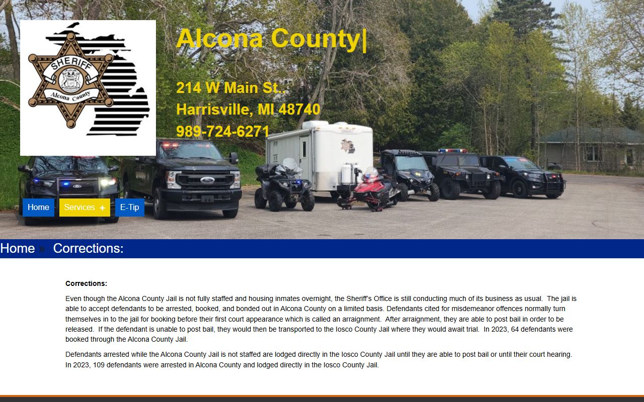Alcona County corrections page for limited jail booking and inmate population records