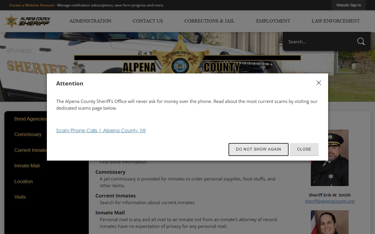 Alpena County Corrections and Jail page with current-inmate and contact information