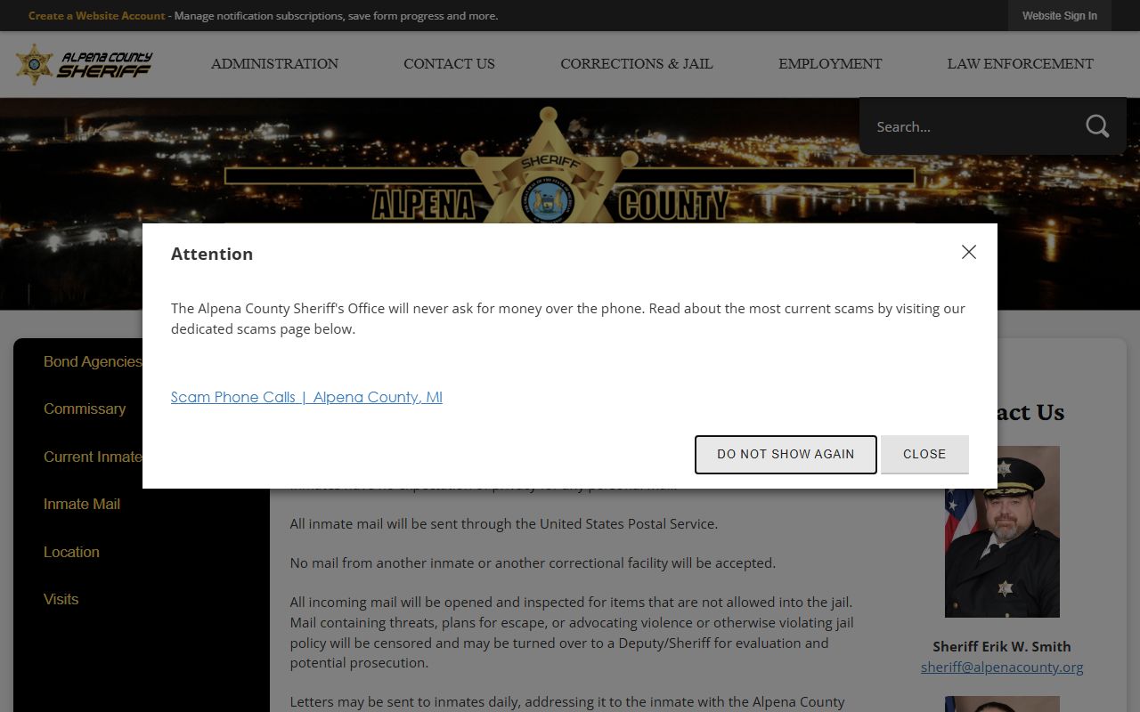 Alpena County inmate mail page with address format and mail restrictions